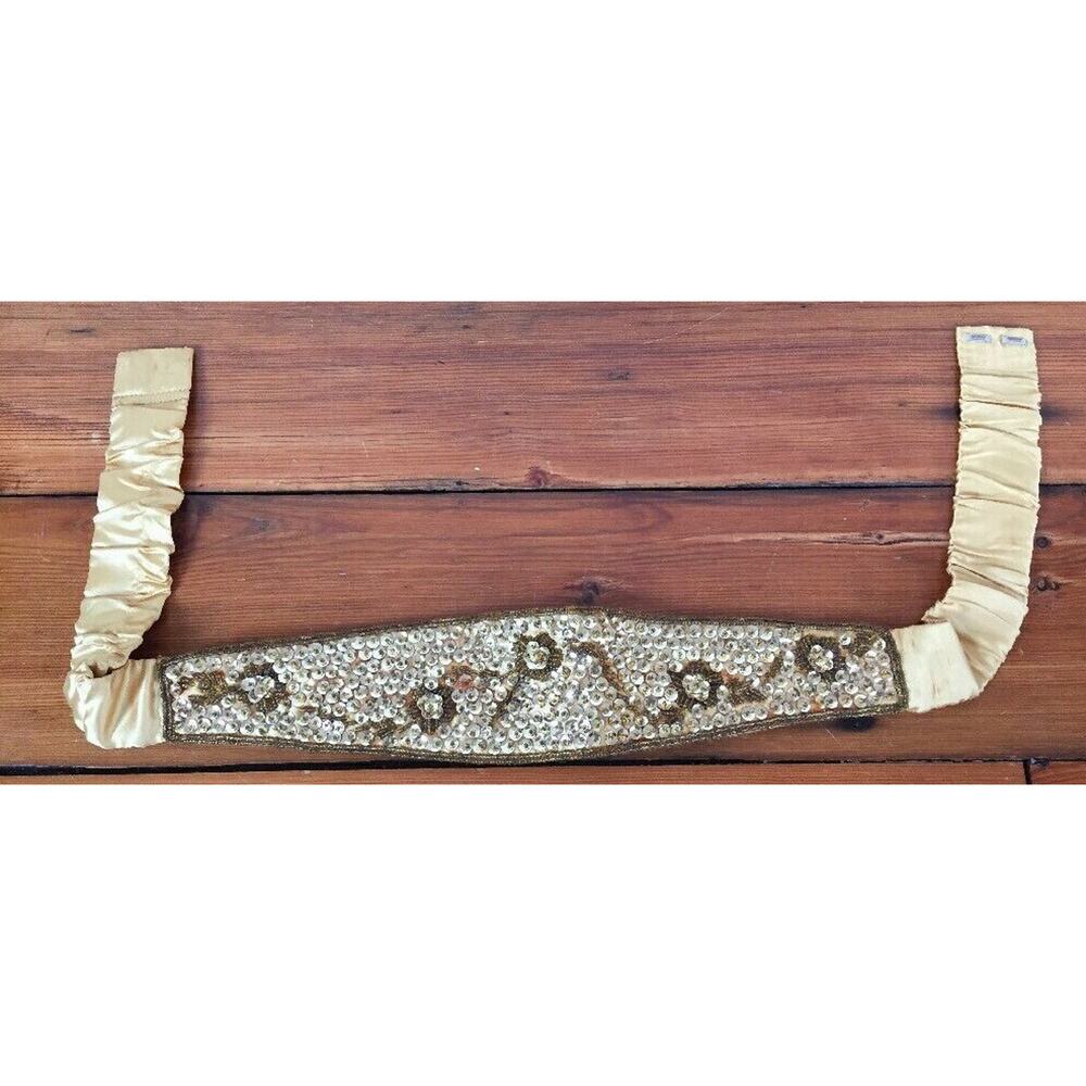 Vintage Gold Toned Rayon Satin Floral Sequined Elastic Formal Cummerbund M/L 33"